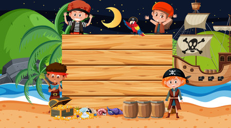Pirate kids at the beach night scene with an empty wooden banner template illustrationのイラスト素材