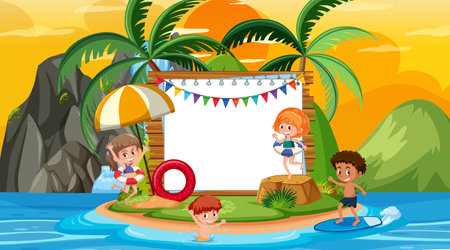 Empty banner template with kids on vacation at the beach sunset scene illustrationのイラスト素材