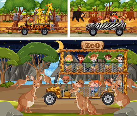 Different safari scenes with animals and kids cartoon character illustrationのイラスト素材