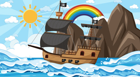 Ocean with Pirate ship at day time scene in cartoon style illustrationのイラスト素材
