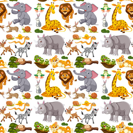 Seamless pattern with cute wild animals cartoon character on white background illustrationのイラスト素材