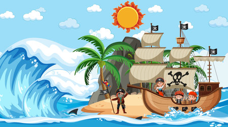 Beach with Pirate ship at daytime scene in cartoon style illustrationのイラスト素材