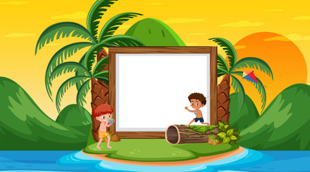Empty banner template with kids on vacation at the beach sunset scene illustrationのイラスト素材