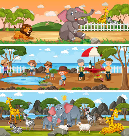 Different panoramic nature landscape set with cartoon character illustrationのイラスト素材