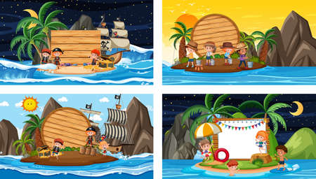 Set of different tropical beach scenes with blank banner illustrationのイラスト素材