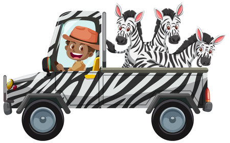 Zoo concept with zebra group in the car isolated on white background illustrationのイラスト素材