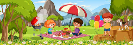 Outdoor horizontal scene with many kids picnic at the park illustrationのイラスト素材