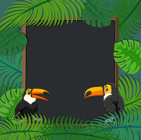 Empty banner with tropical leaves frame and toucan cartoon character illustrationのイラスト素材