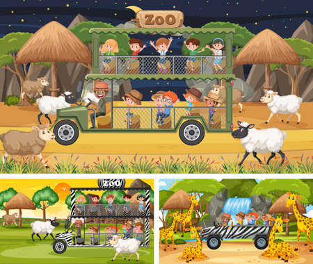 Different safari scenes with animals and kids cartoon character illustrationのイラスト素材