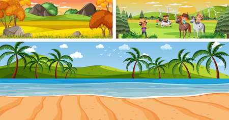 Set of outdoor panoramic landscape with cartoon character illustrationのイラスト素材
