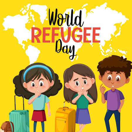 World Refugee Day banner with refugee people on world map background illustrationのイラスト素材