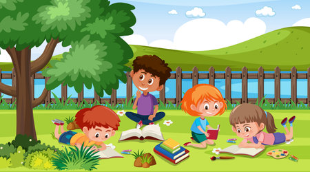Scene with many children reading book in the park illustrationのイラスト素材
