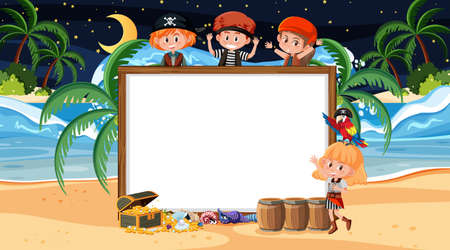 Pirate kids at the beach night scene with an empty banner template illustrationのイラスト素材