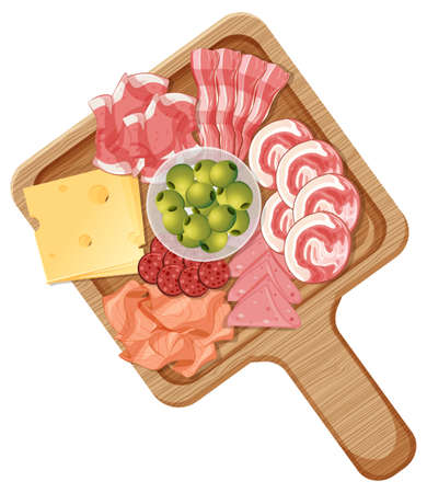 Platter of various cold meats and cheese isolated on white background illustrationのイラスト素材