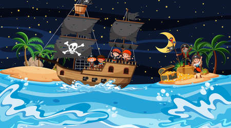Treasure Island scene at night with Pirate kids on the ship illustrationのイラスト素材