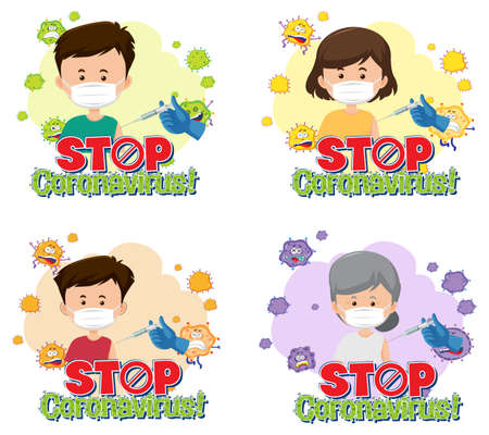 Set of different stop coronavirus banner with patients illustrationのイラスト素材