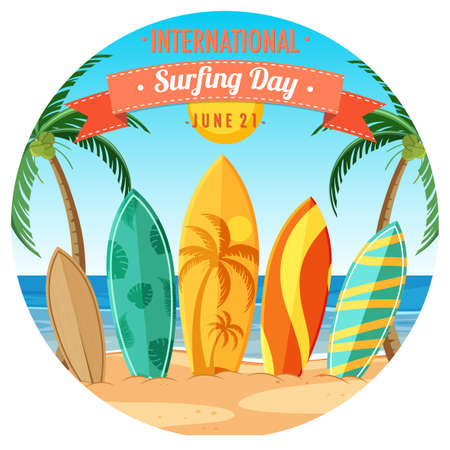 International Surfing Day banner with many surfboards on the beach isolated illustrationのイラスト素材