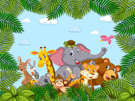 Wild animals group in the forest frame illustration