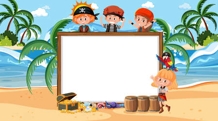 Empty banner template with pirate kids at the beach daytime scene illustrationのイラスト素材