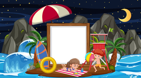 Kids on vacation at the beach night scene with an empty banner template
 illustrationのイラスト素材