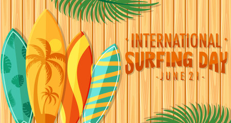International Surfing Day font with many surfboards on wooden background illustration