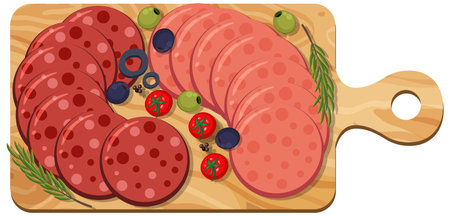 Pepperoni and salami on platter isolated on white background illustration