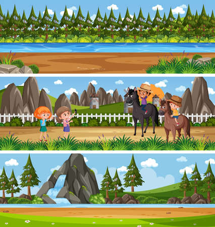 Set of different panoramic nature landscape with cartoon character illustrationのイラスト素材