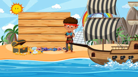 Pirate kids at the beach daytime scene with an empty banner template illustrationのイラスト素材