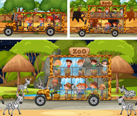 Different safari scenes with animals and kids cartoon character illustrationのイラスト素材