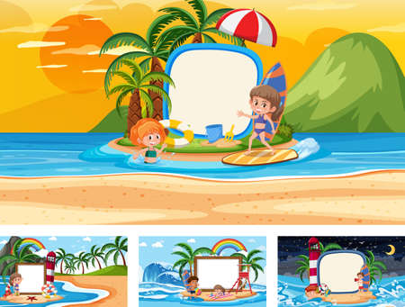 Set of different tropical beach scenes with blank banner illustrationのイラスト素材