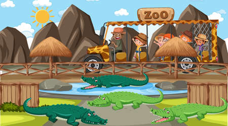 Safari at day time scene with many kids watching alligator group illustrationのイラスト素材