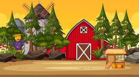 Empty farm at sunset time scene with red barn and windmill illustrationのイラスト素材