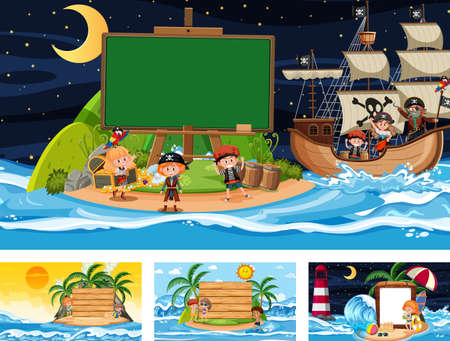 Set of blank banner in different tropical beach scenes illustrationのイラスト素材