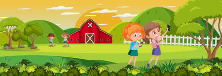 Farm horizontal landscape scene with kids cartoon character illustrationのイラスト素材