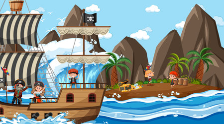 Treasure Island scene at daytime with Pirate kids illustrationのイラスト素材