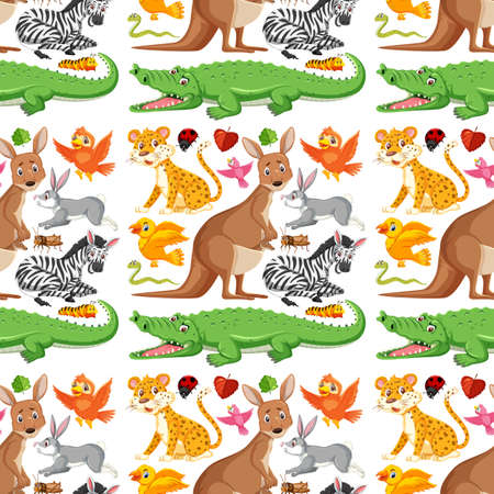 Seamless pattern with cute wild animals on white background illustrationのイラスト素材