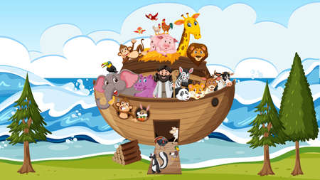Noah's Ark with animals in the ocean scene illustrationのイラスト素材