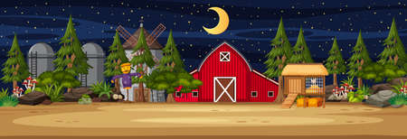 Farmland horizontal scene with barn and windmill at night time illustrationのイラスト素材