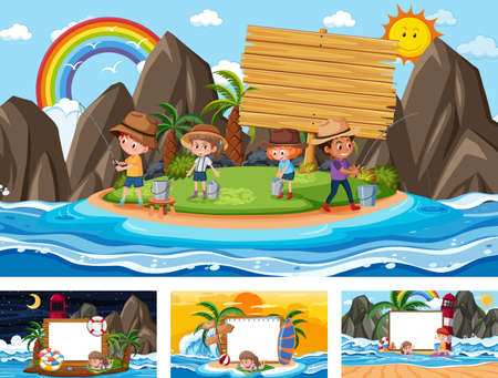 Set of blank banner in different tropical beach scenes illustrationのイラスト素材