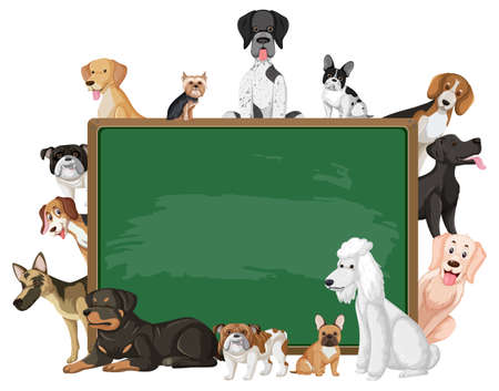 Empty blackboard with various breeds of dogs illustrationのイラスト素材