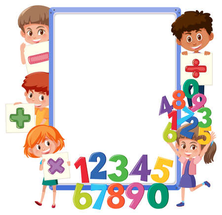 Empty board with school kids and math objects illustrationのイラスト素材