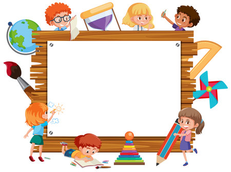 Empty wooden frame with many school kids cartoon character illustrationのイラスト素材