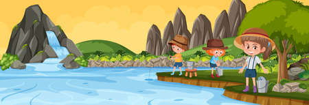 Outdoor horizontal scene with many kids in the park illustrationのイラスト素材