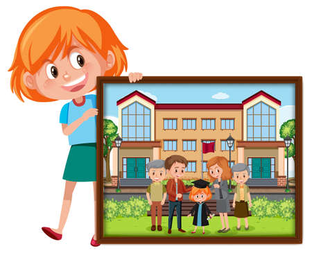 Cartoon character of a girl holding her graduation photo illustrationのイラスト素材