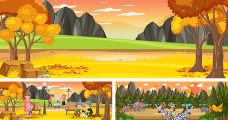Set of different outdoor landscape scenes with cartoon character illustrationのイラスト素材