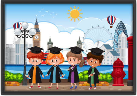 A picture of nursery kids in graduation costume illustrationのイラスト素材