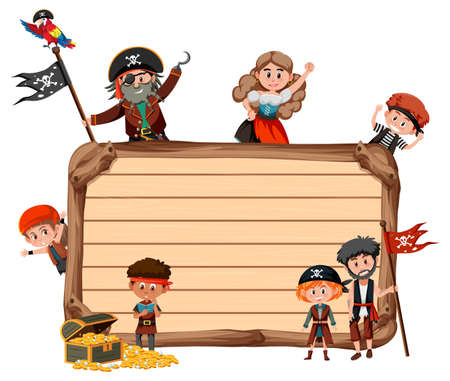 Empty wooden board with many pirate kids cartoon character illustrationのイラスト素材