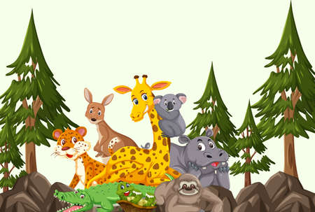 Wild animals group in the forest scene illustrationのイラスト素材