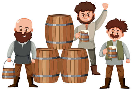 Medieval villagers drink beer with wooden barrels illustrationのイラスト素材