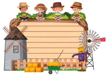 Empty wooden board with farmer kids and windmill illustrationのイラスト素材